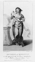 Elizabeth Chudleigh (1720-88) Herzogin von Kingston, wie sie auf dem Ball des venezianischen Botschafters im Somerset House erschien, gestochen von Francis Chesham (1749-1806)